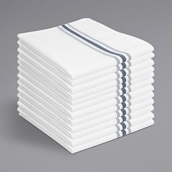 A stack of white and blue striped Monarch Brands cloth napkins.