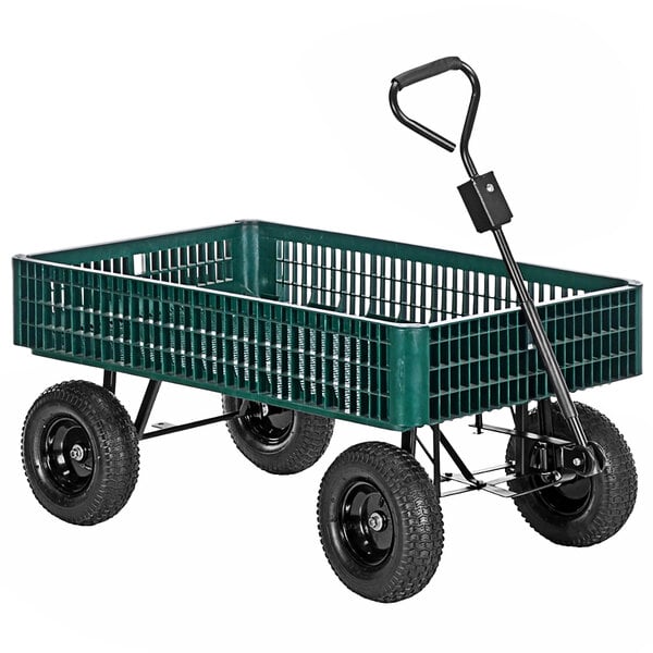 A green Vestil landscape cart with black wheels.