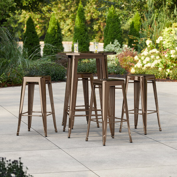 Lancaster Table & Seating Alloy Series 30" Round Copper Bar Height Outdoor Table with 4 Backless ...