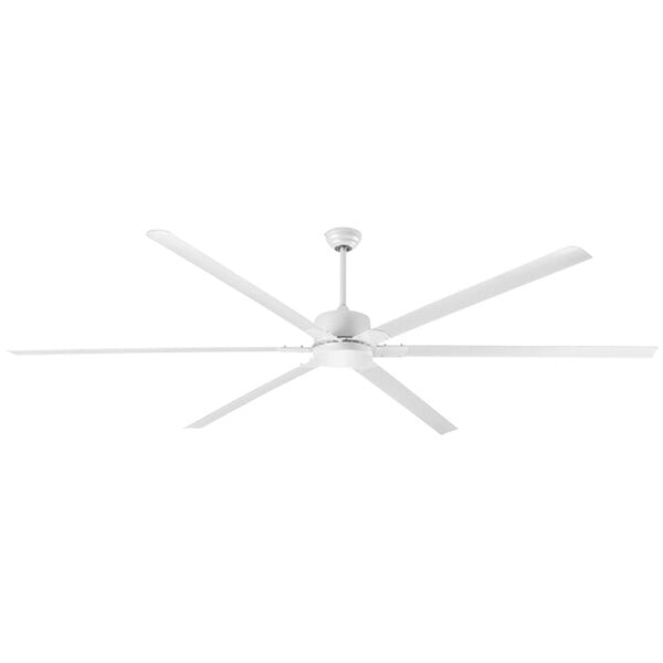 A white Canarm industrial ceiling fan with three white blades.