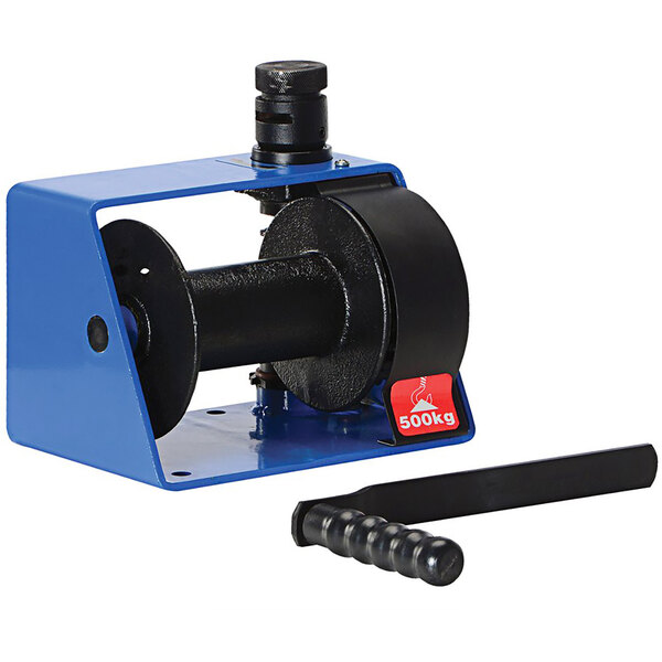 A blue and black Vestil steel worm gear hand winch with a black handle.