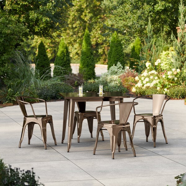 Lancaster Table & Seating Alloy Series 35 1/2" x 35 1/2" Copper Standard Height Outdoor Table with 4 Arm Chairs