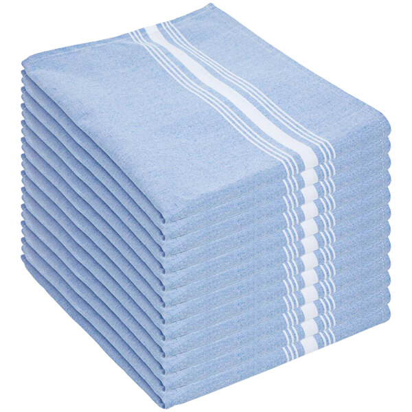 A stack of blue Monarch Brands cloth napkins with white bistro stripes.