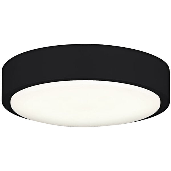 A black and white circular light fixture with a black plate and white border.