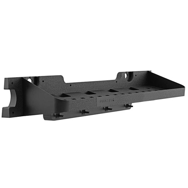 A black plastic Suncast shelf with holes.