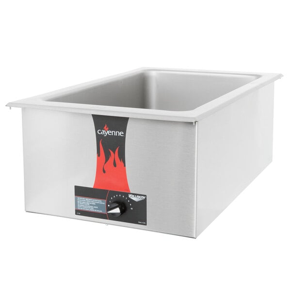 A silver rectangular Vollrath countertop food warmer with a black handle.