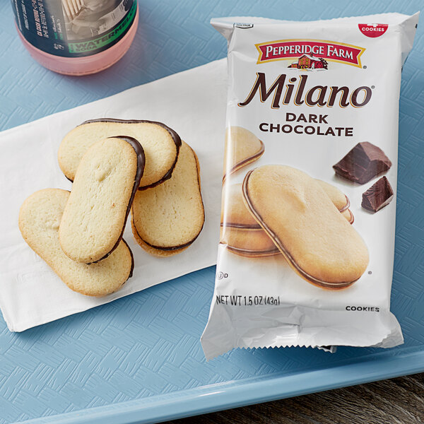 A bag of Pepperidge Farm Milano cookies on a tray.