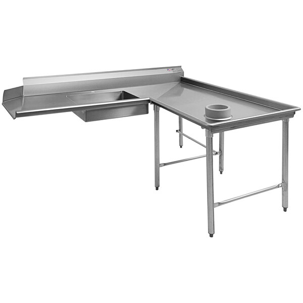 A stainless steel Eagle Group L-shape dishtable with a sink and drain.