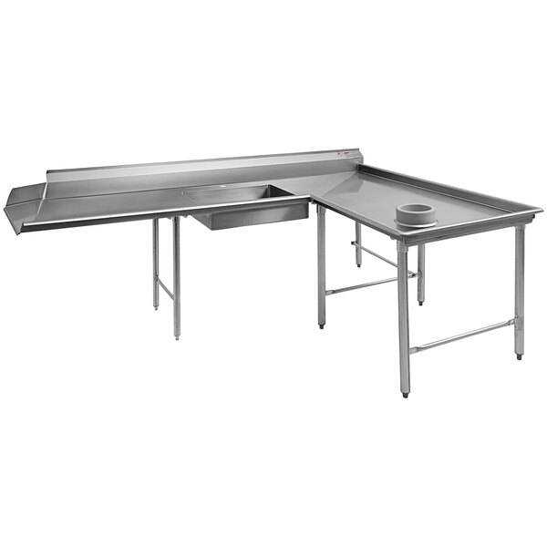 A stainless steel L-shaped dishtable with a rectangular top and a sink on the right.