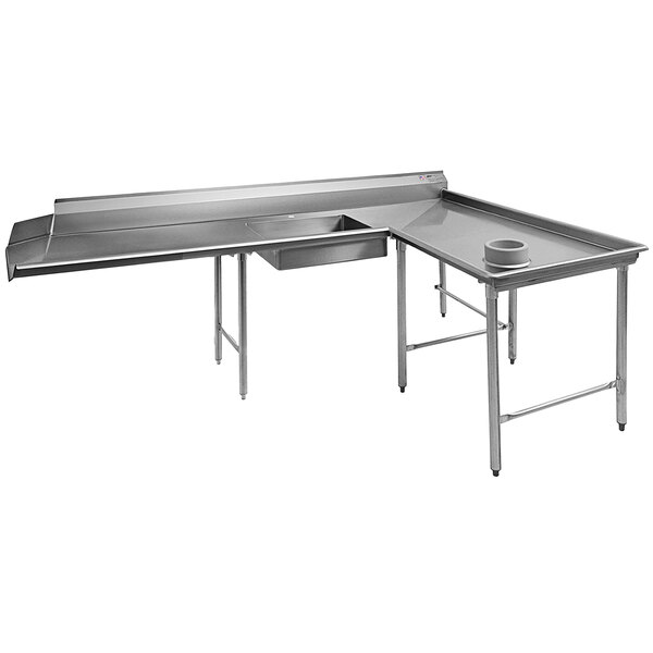 A stainless steel L-shape dishtable with a sink on the right counter.