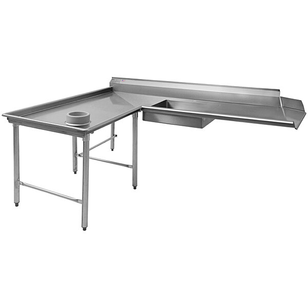 A stainless steel Eagle Group L-shape dishtable with a drain on the left.