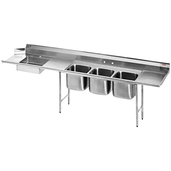 A 124" stainless steel Eagle Group dishtable with a right side 3-compartment sink.
