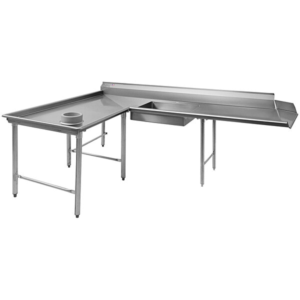 A stainless steel Eagle Group L-shape dishtable with a counter and a sink.