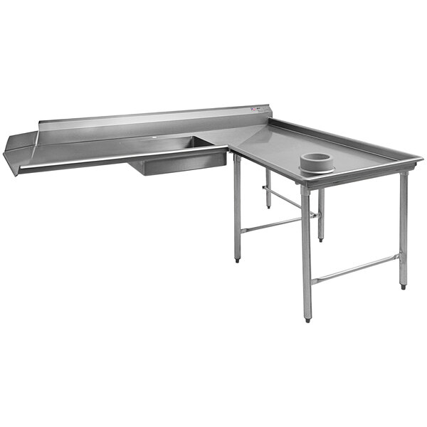 A stainless steel L-shape dishtable with a dishlanding area.