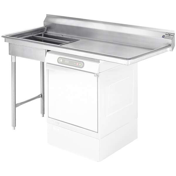 A stainless steel Eagle Group undercounter dishtable with a dishwasher on the right.
