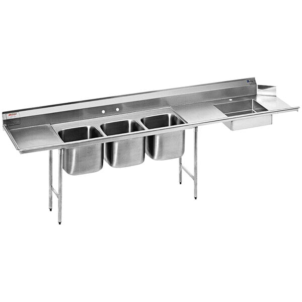 A Eagle Group stainless steel left side dishtable with a 3-compartment sink and 4 sinks.