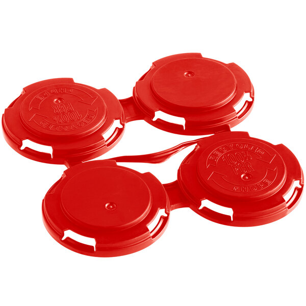 A red plastic PakTech can carrier with four circles.