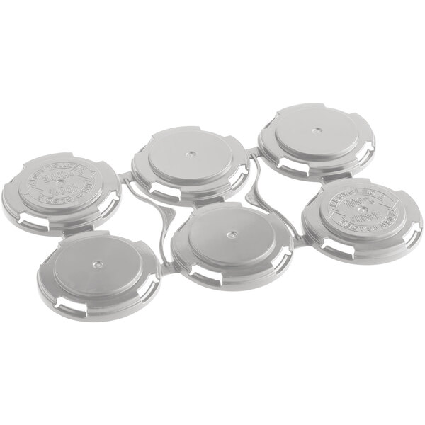 A silver PakTech plastic 6-pack can carrier with circles.
