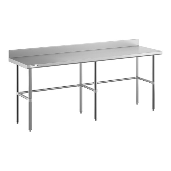 A stainless steel work table with an open base, six legs, and a 4-inch backsplash along the back edge.
