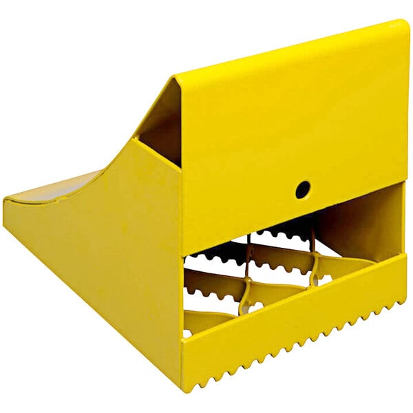 A yellow steel Ideal Warehouse ice chock with holes.
