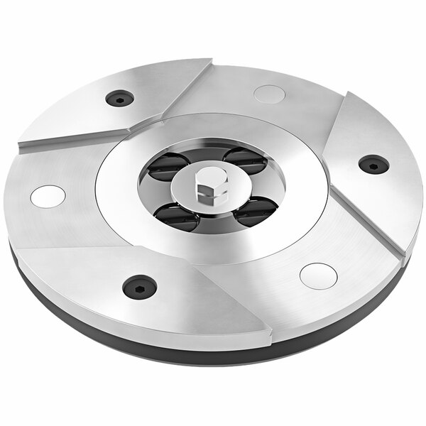 A circular metal Onfloor receiver plate with black and silver details and holes.