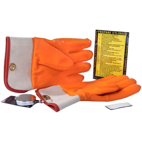 A pair of orange Ideal Warehouse Retracto Propane gloves with a yellow retractable cable.