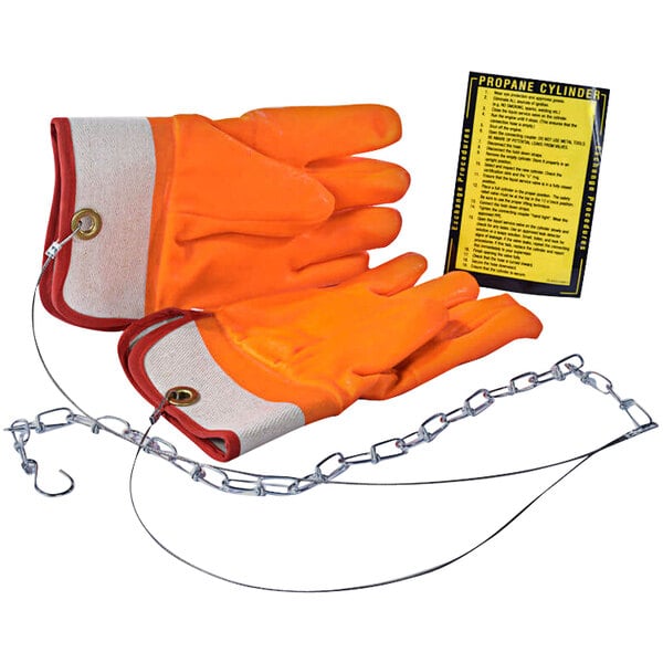 A pair of orange Ideal Warehouse propane gloves with chains.