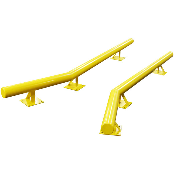 A pair of yellow metal Ideal Warehouse wheel guides with yellow pipes on each side.