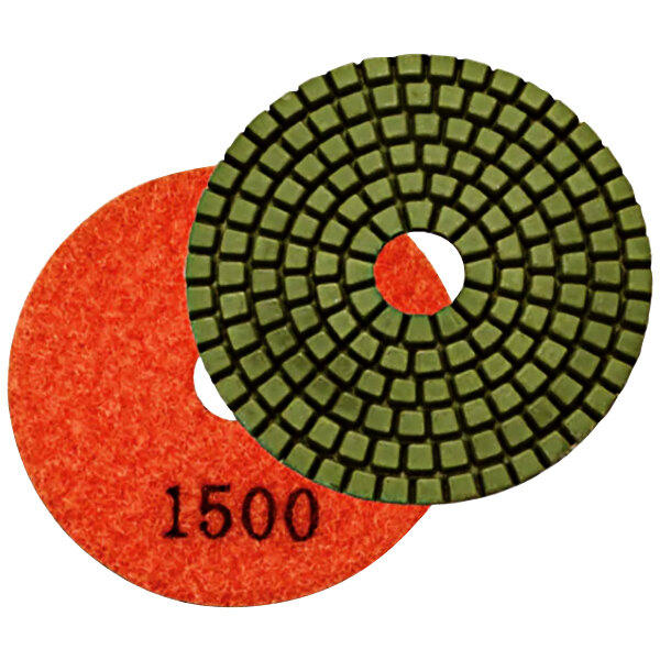 A red and white circular Onfloor 3" diamond pad with the number 1500.