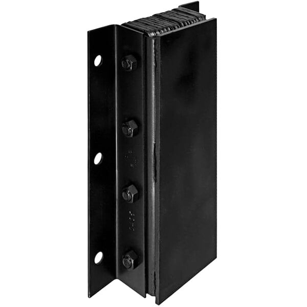 A black metal Ideal Warehouse vertical dock bumper with two holes.