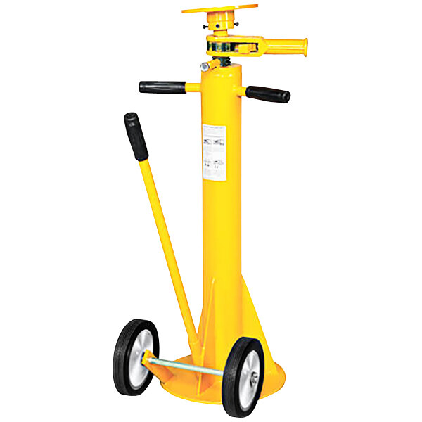 A yellow Ideal Warehouse Ratchet Top Stabilizing Jack with wheels.