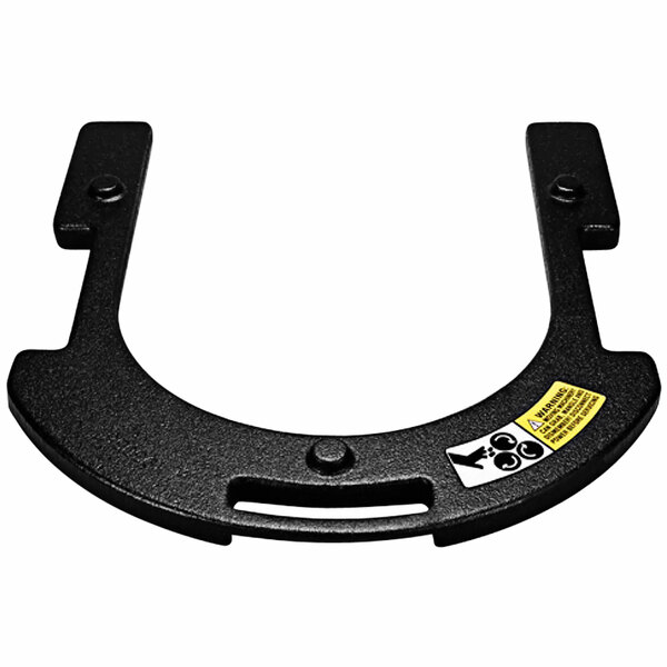 A black metal bracket with a yellow label.