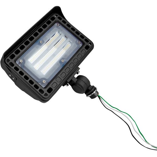 A close-up of a TCP Elements black knuckle mount flood light with wires attached.