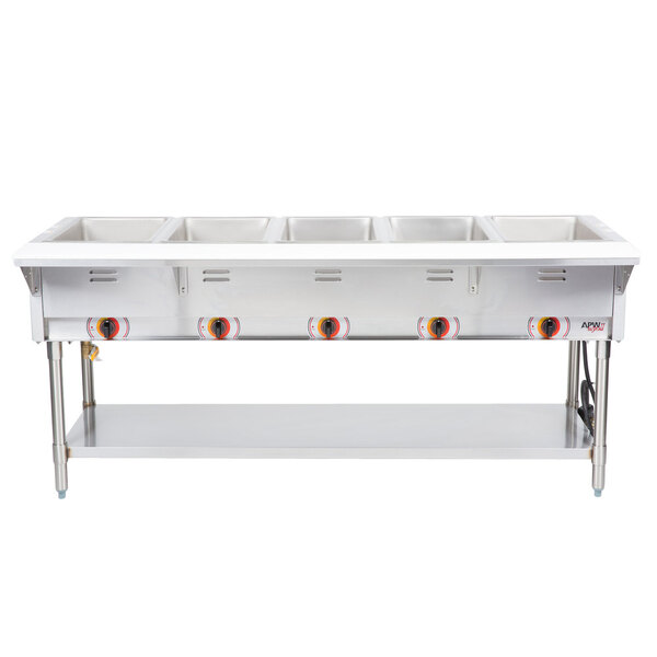 APW Wyott ST-5S Five Pan Exposed Stationary Steam Table with Stainless Steel Legs and Undershelf - 2500W - Open Well, 120V