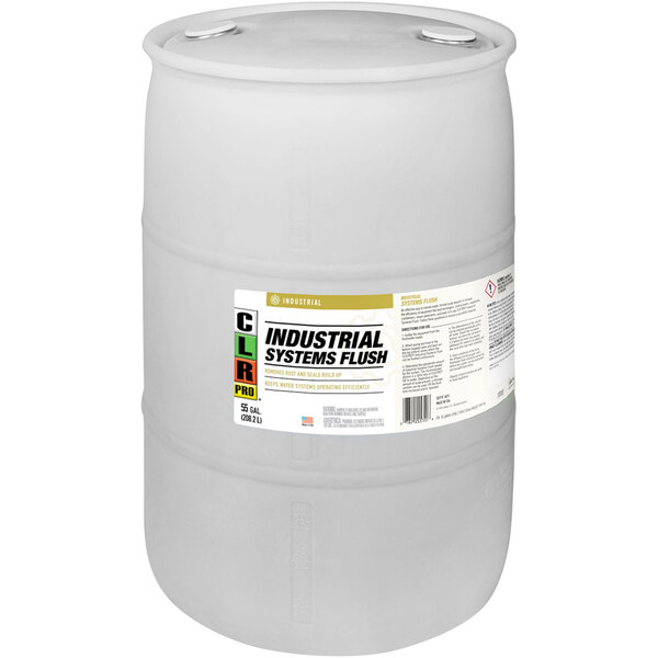 A white CLR Pro drum with a label for industrial water treatment.