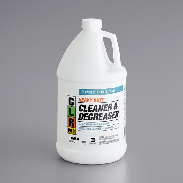 A white plastic jug of CLR Heavy-Duty Cleaner and Degreaser with a handle.
