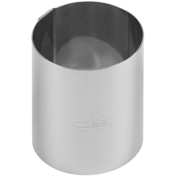 A silver stainless steel cylinder with a logo on it.