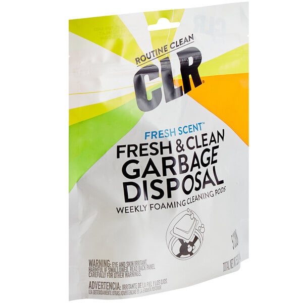 A white plastic bag of CLR Fresh and Clean Garbage Disposal Foaming Cleaning Pods with black and green text.
