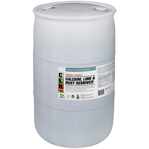 A white container with a CLR Calcium, Lime, and Rust Remover label.
