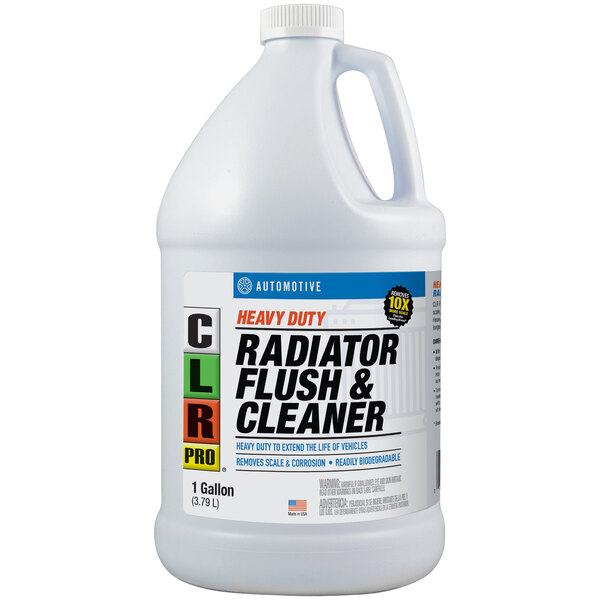 A white CLR Pro jug with a label for Heavy-Duty Radiator Flush Cleaner.