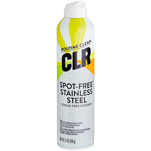 A can of CLR Spot-Free Stainless Steel Cleaner with white and blue label.