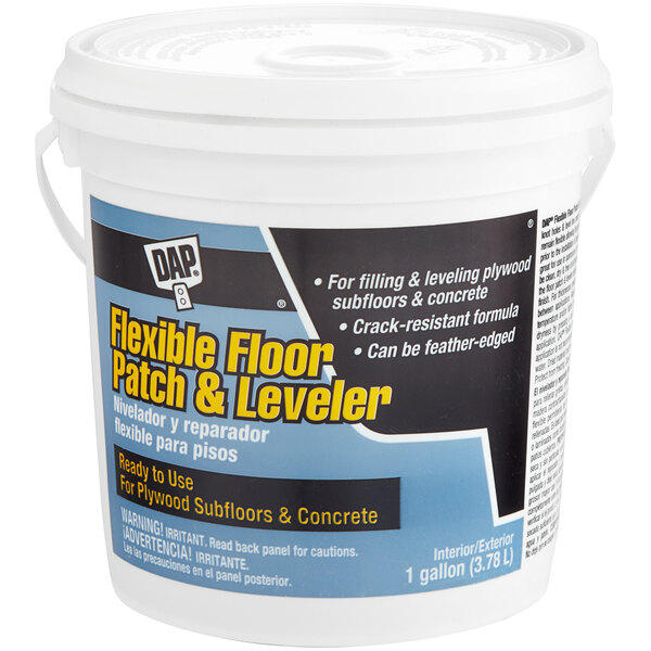 A white bucket of DAP Light Gray Flexible Floor Patch and Leveler with a blue and white label.