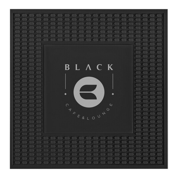 A black square M+A Matting customizable mat with white text.