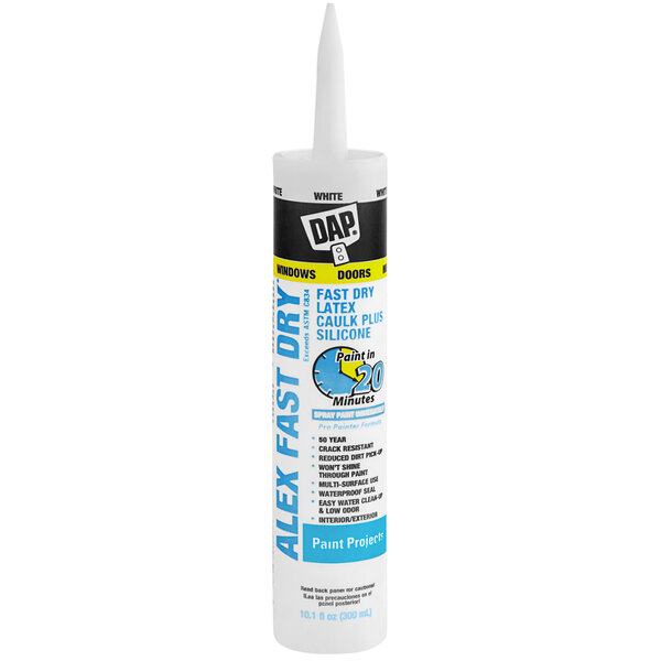 A white tube of DAP Alex Fast Dry White Acrylic Latex Caulk Plus Silicone with blue and white text.