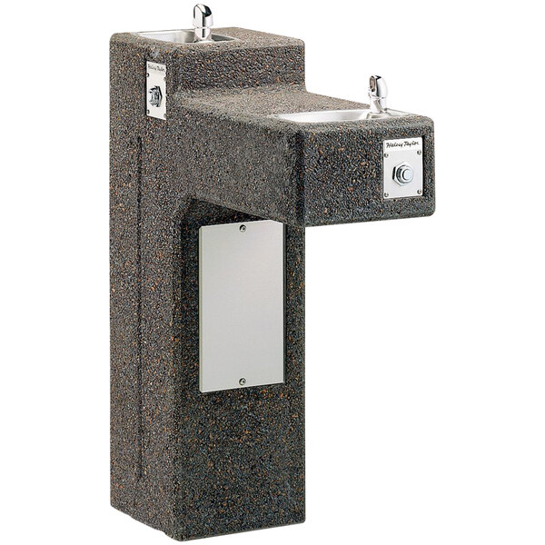 A brown granite pedestal drinking fountain with two silver and black drinking fountains.