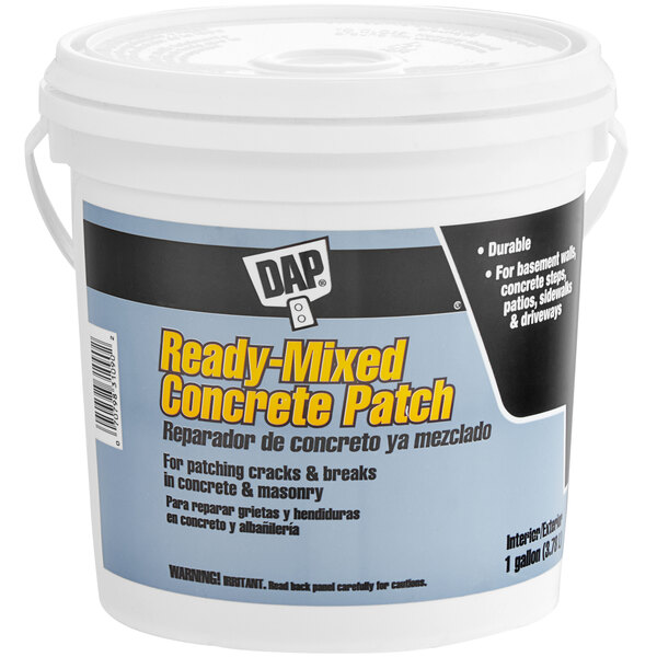 A white bucket with a blue label of DAP Ready-Mixed Concrete Patch.