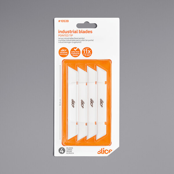 A white and orange package containing 4 white Slice pointed tip blades.