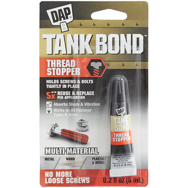 A package of DAP Tank Bond Orange Thread Stopper with a close-up of the bottle.