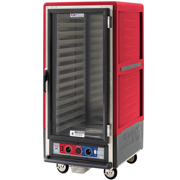 A red and grey Metro C5 heated holding and proofing cabinet with a clear door.