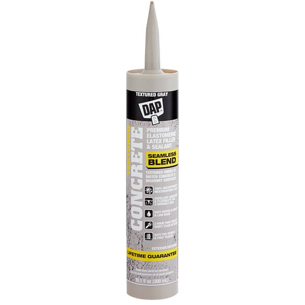 A grey tube of DAP Textured Concrete Premium Elastomeric Filler and Sealant with a white cap.